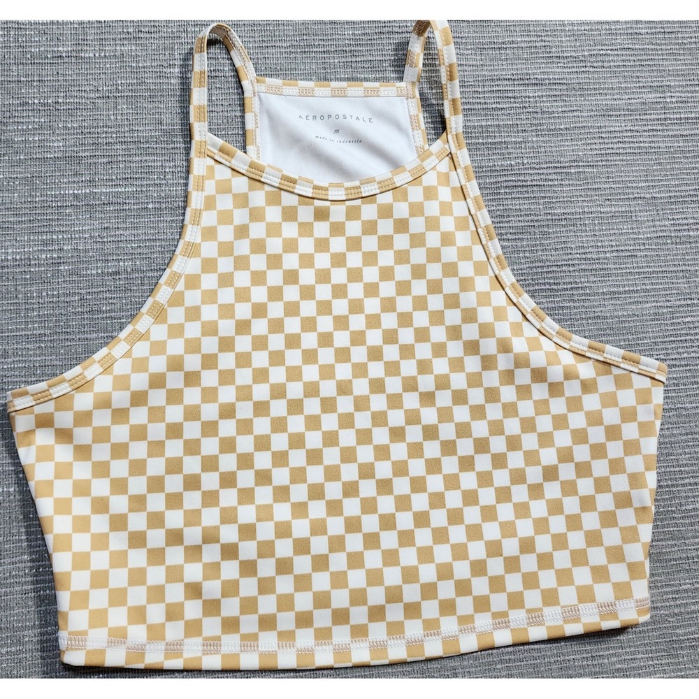 Aeropostale Tan White Checkered High Neck Crop Top Racerback Medium‎
